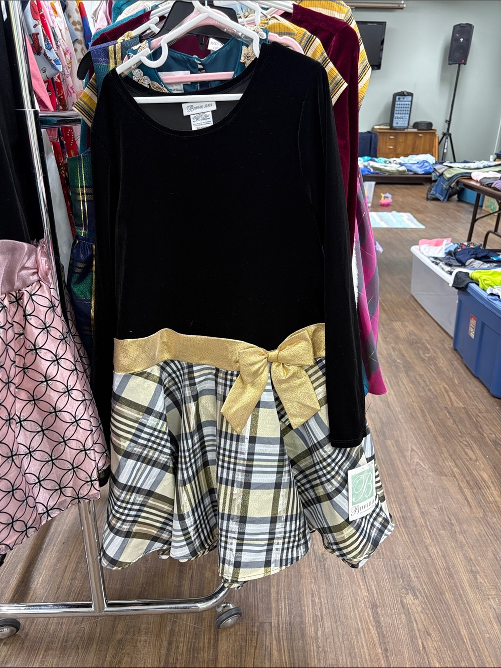 PIONEER Black Velvet Top with Gold Plaid Skirt and Bow